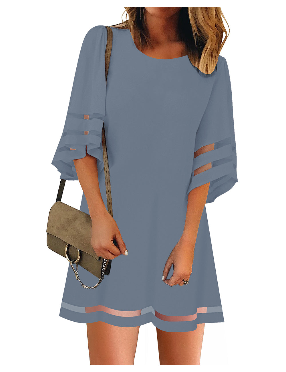 Corduair Mesh Panel Dress for Women 3/4 Sleeve Casual Trendy Short Flowy Tunic Dresses