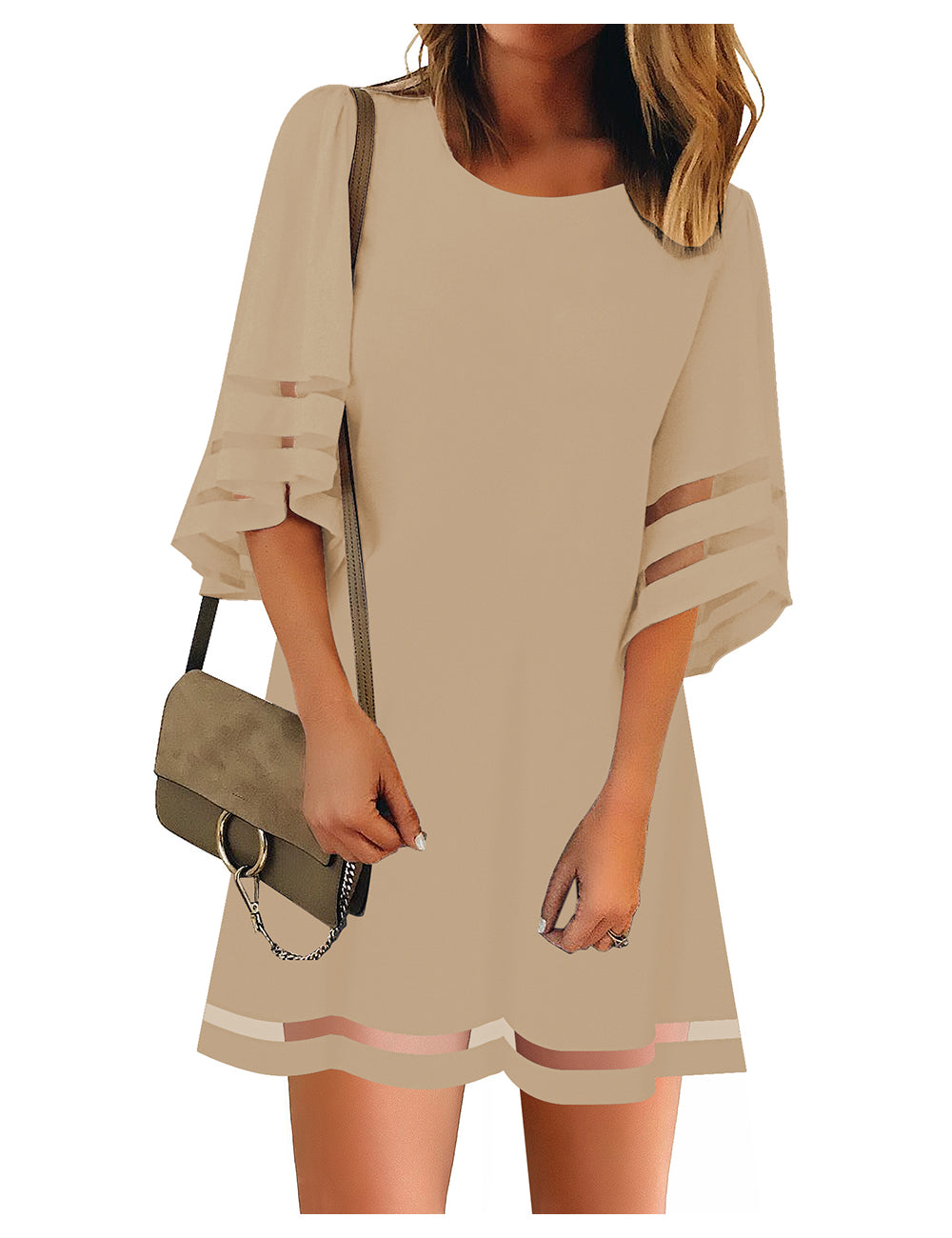 Corduair Mesh Panel Dress for Women 3/4 Sleeve Casual Trendy Short Flowy Tunic Dresses