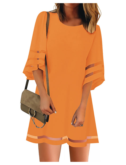 Corduair Mesh Panel Dress for Women 3/4 Sleeve Casual Trendy Short Flowy Tunic Dresses