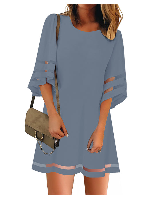 Corduair Mesh Panel Dress for Women 3/4 Sleeve Casual Trendy Short Flowy Tunic Dresses